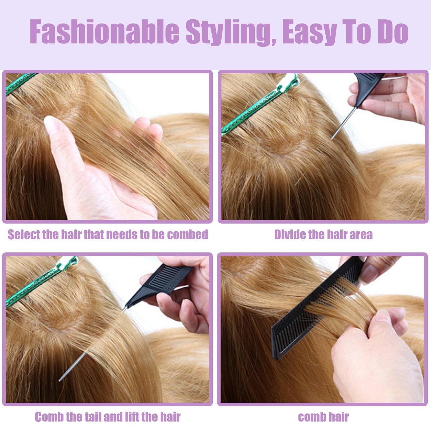 Rainbow Hair Teasing Comb Set - 10 PCS Fine Tooth Styling Tools