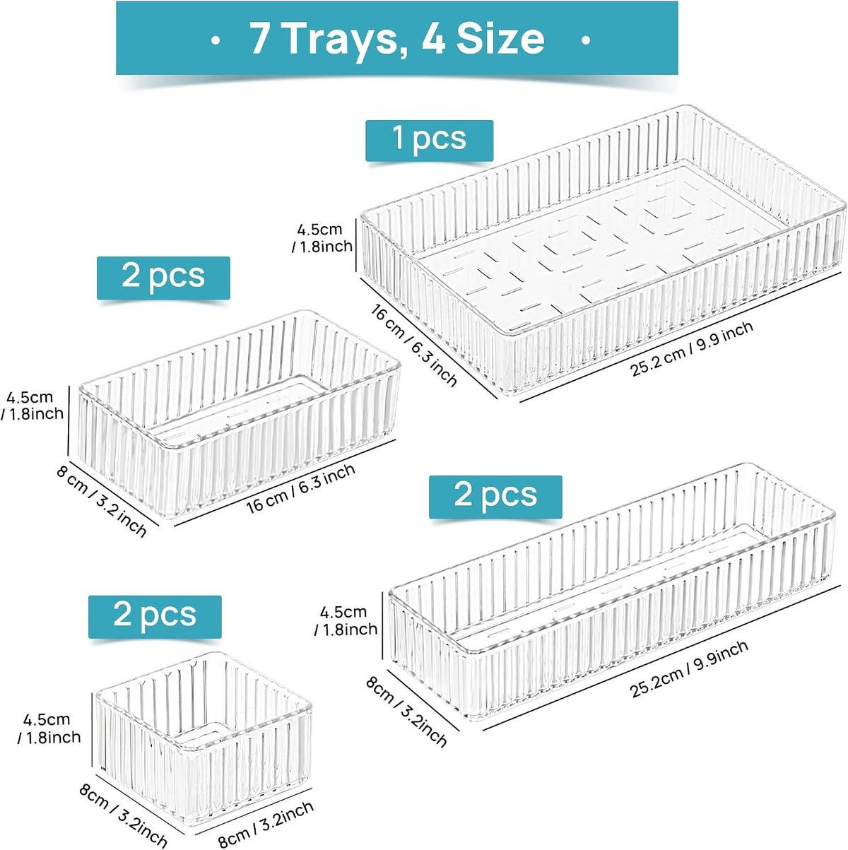 Clear Makeup Drawer Organizer Bins Set - 7 Pieces, 4 Sizes, Stackable Vanity Storage