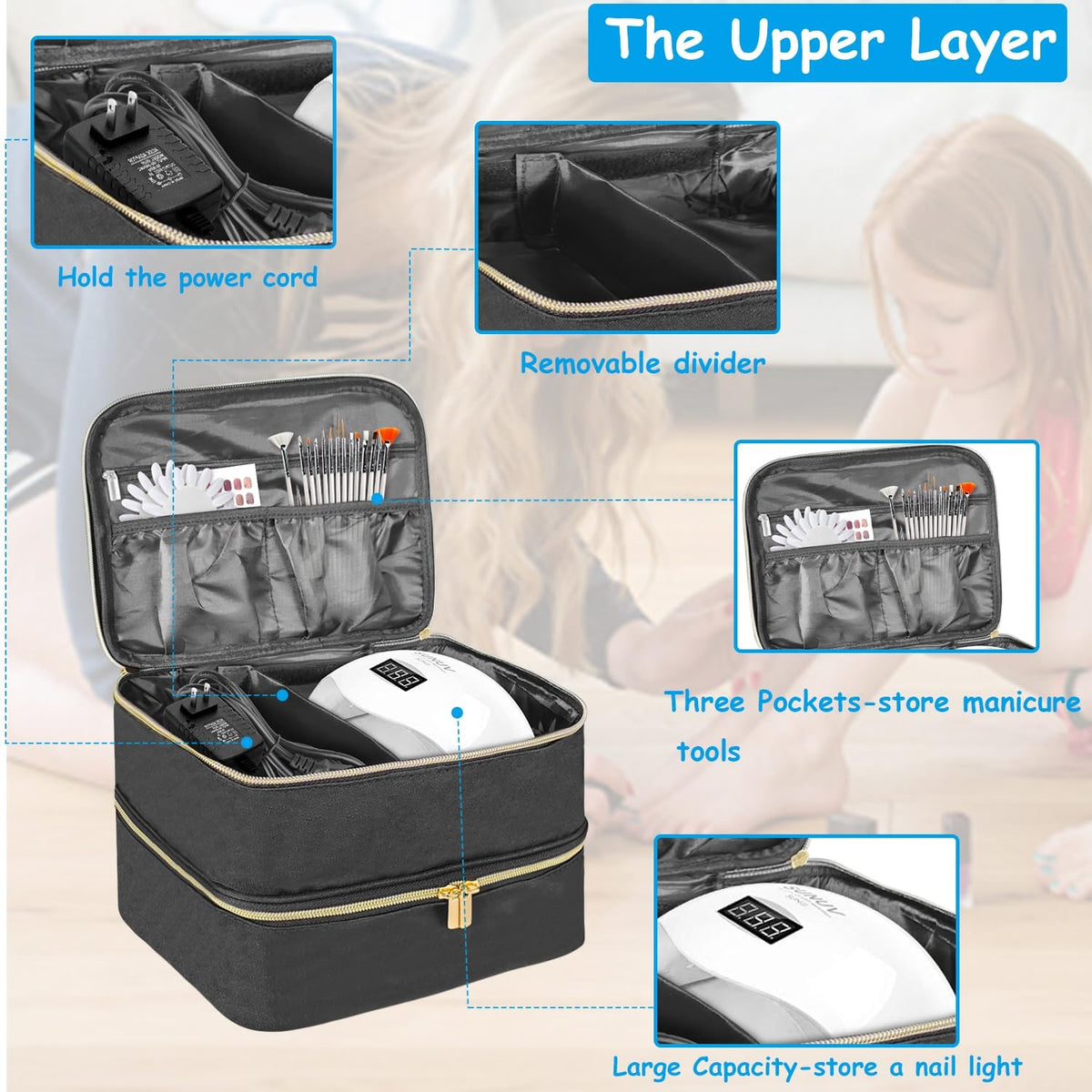 Nail Polish Carrying Case with Double Layer, Fits 30 Bottles & Nail Lamp