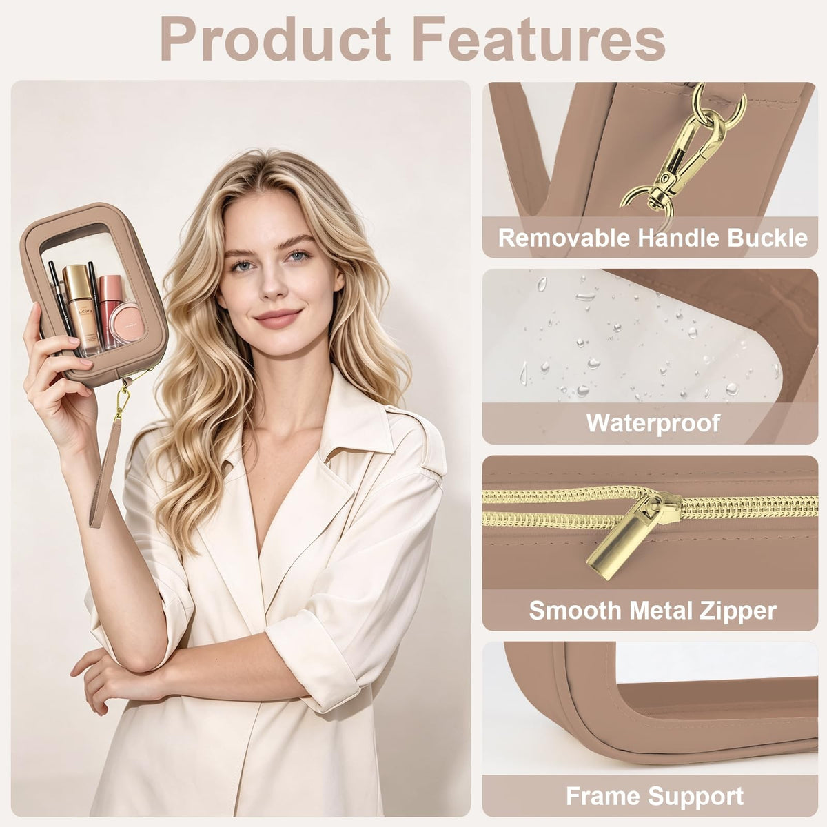 Clear Makeup & Toiletry Bags Set with Handles - Waterproof Khaki 2-Pack