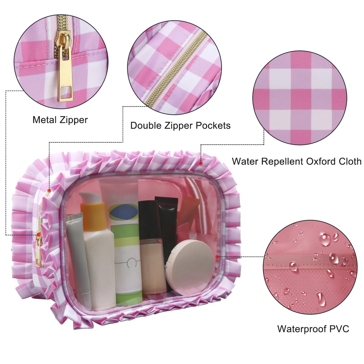 Large Transparent Makeup Bag with Ruffles - Travel Toiletry Organizer