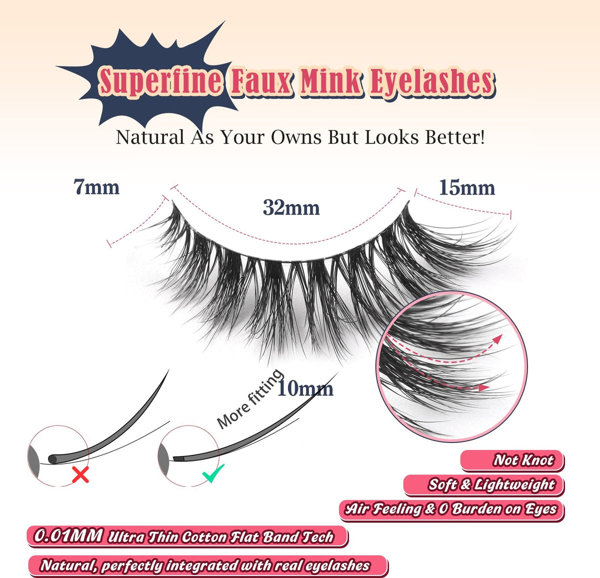 Natural Cat Eye Wispy False Eyelashes 15mm - 7 Pairs, Black
