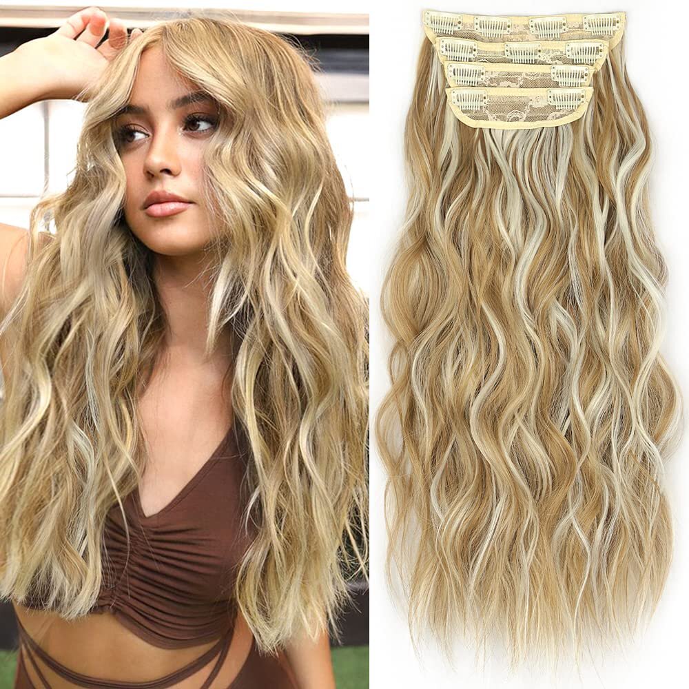 4PCS Clip-In Wavy Hair Extensions Long Synthetic Weft - Natural Blonde to Brown