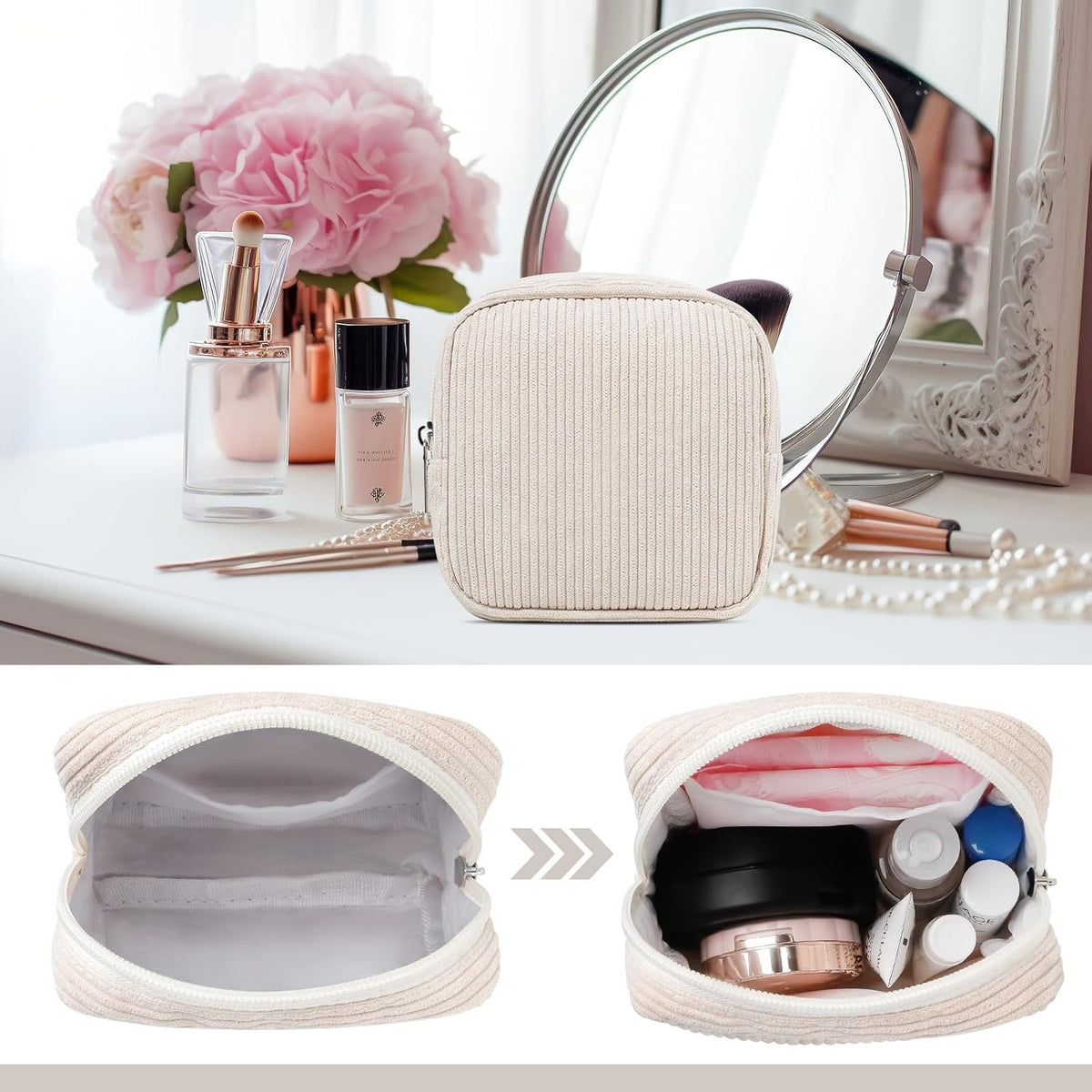 Mini Travel Makeup Bag with Metal Zipper & Inner Pocket - Corduroy Cosmetic Pouch