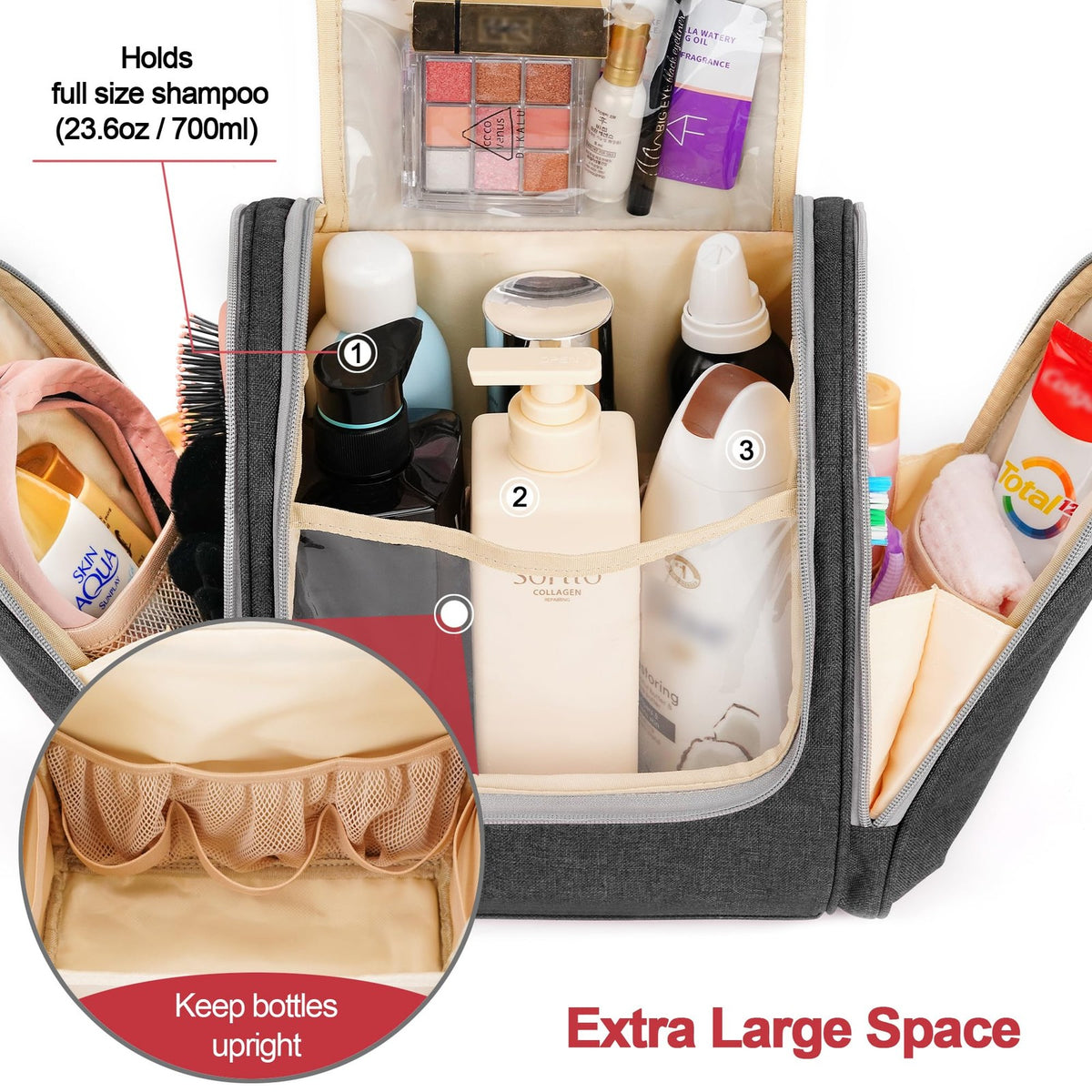 Travel Hanging Toiletry Bag for Women & Men Wet Dry Separation Grey