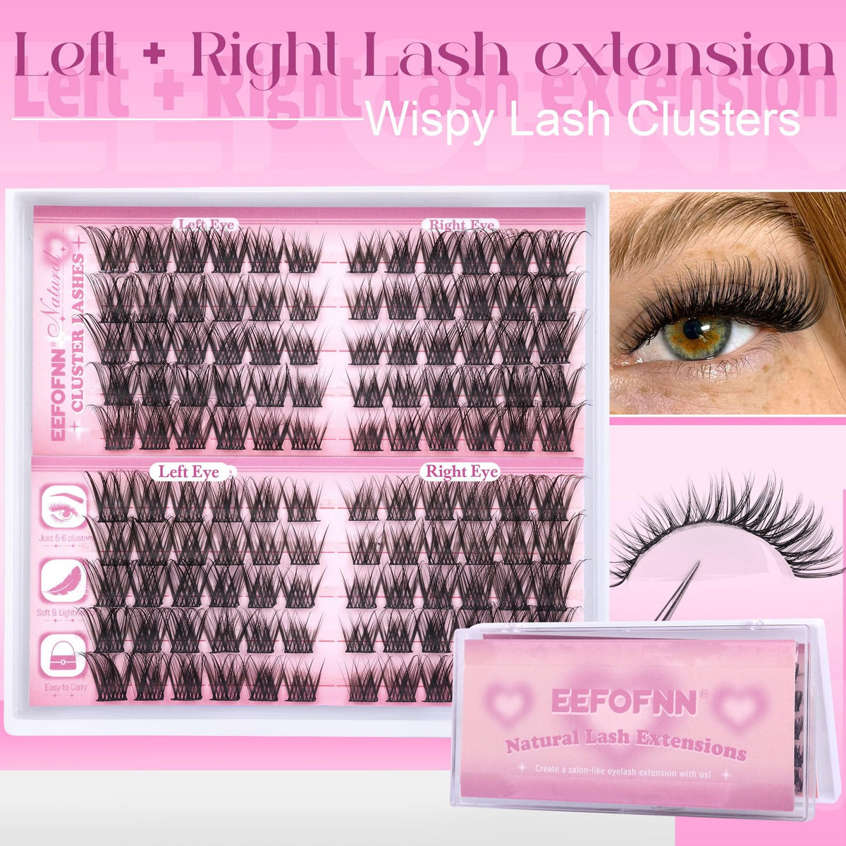 Natural Wispy Lash Clusters for Eyelash Extensions - Black, C Curl, Pack of 1