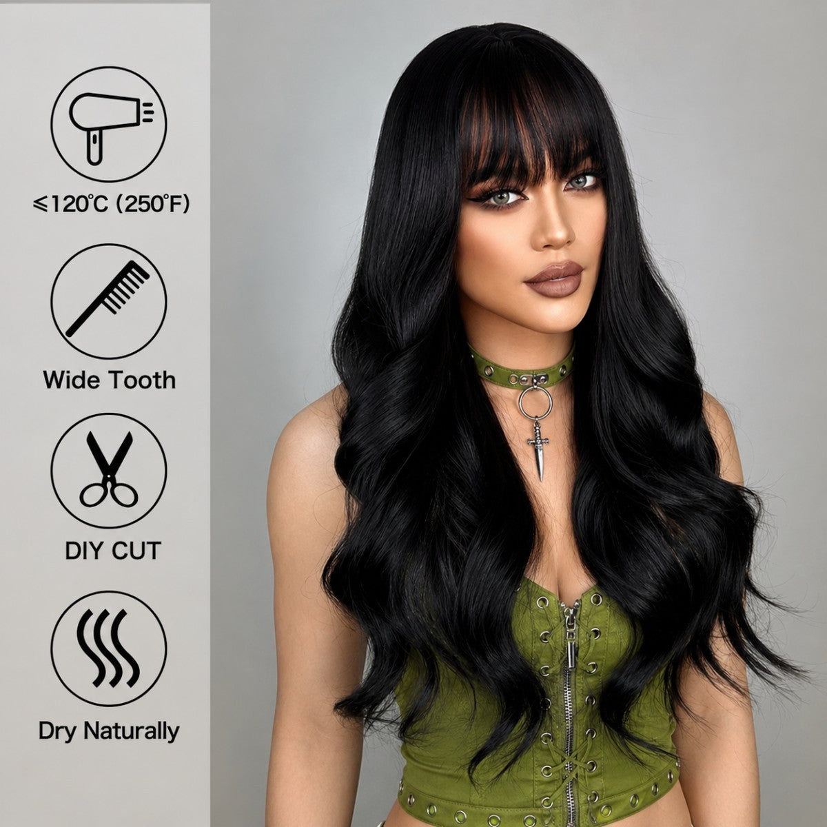 Long Wavy Synthetic Wig with Bangs - Heat Resistant Cosplay Hair