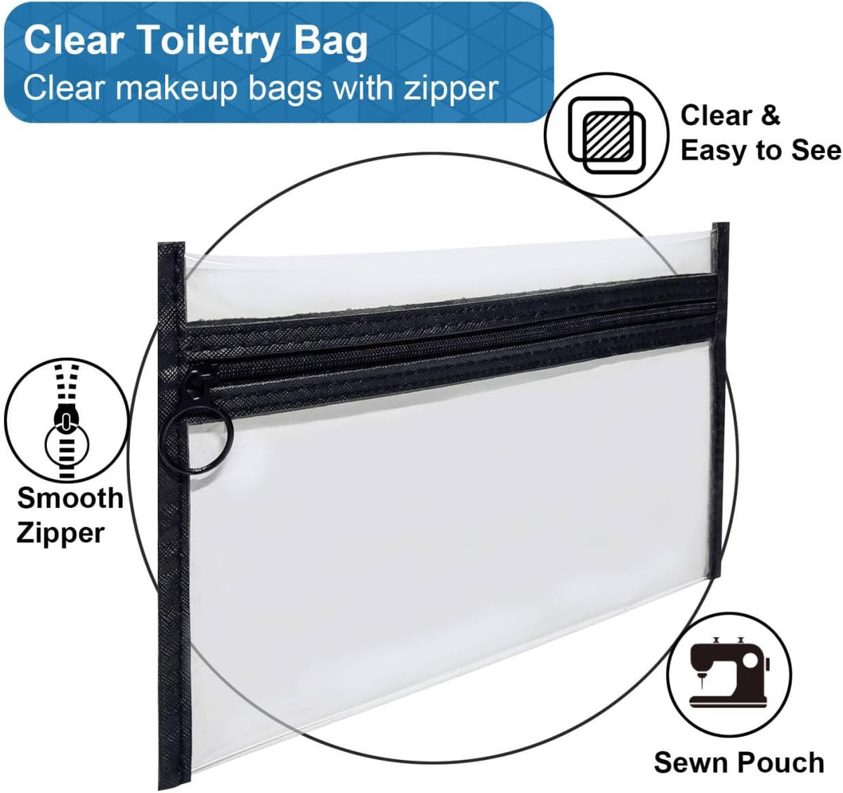 Clear Toiletry Bags Set with Loop Zipper, 3 Sizes PVC Cosmetic Pouches for Travel