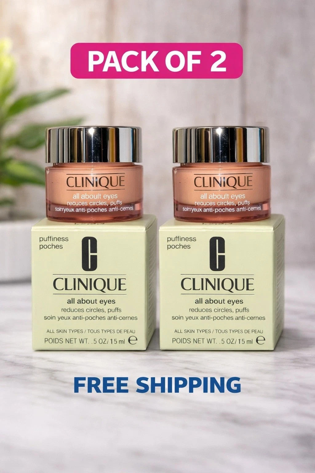 Clinique All About Eyes Eye Cream Reduce Puffiness & Dark Circles 0.5oz/15ml - Pack of 2