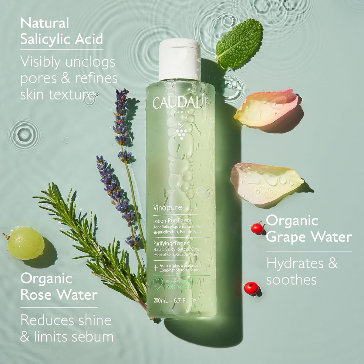 Caudalie Vinopure Purifying Toner 200ml Pore Minimizing & Oil Control