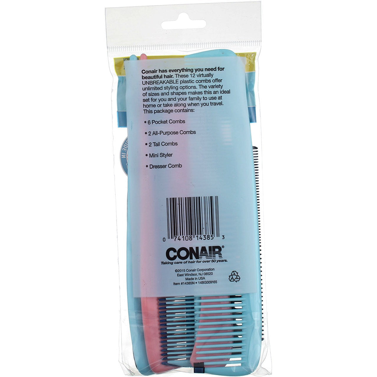 Conair Hair Combs Set - Unbreakable Plastic Styling & Detangle Tools, 12 Pack