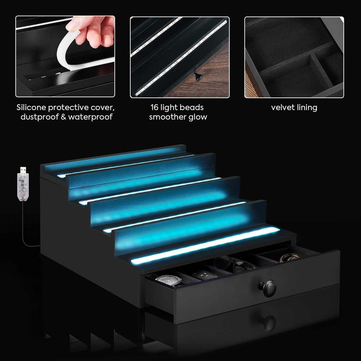 LED Lighted Perfume Organizer for Men with Remote Control and Drawer