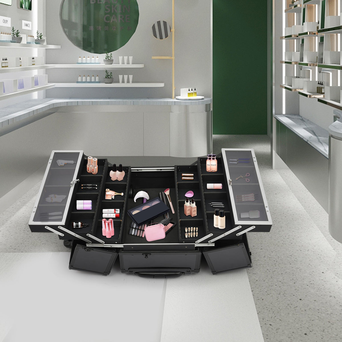 Lockable Rolling Makeup Case with 6 Trays - Multi-Layer Cosmetic Storage