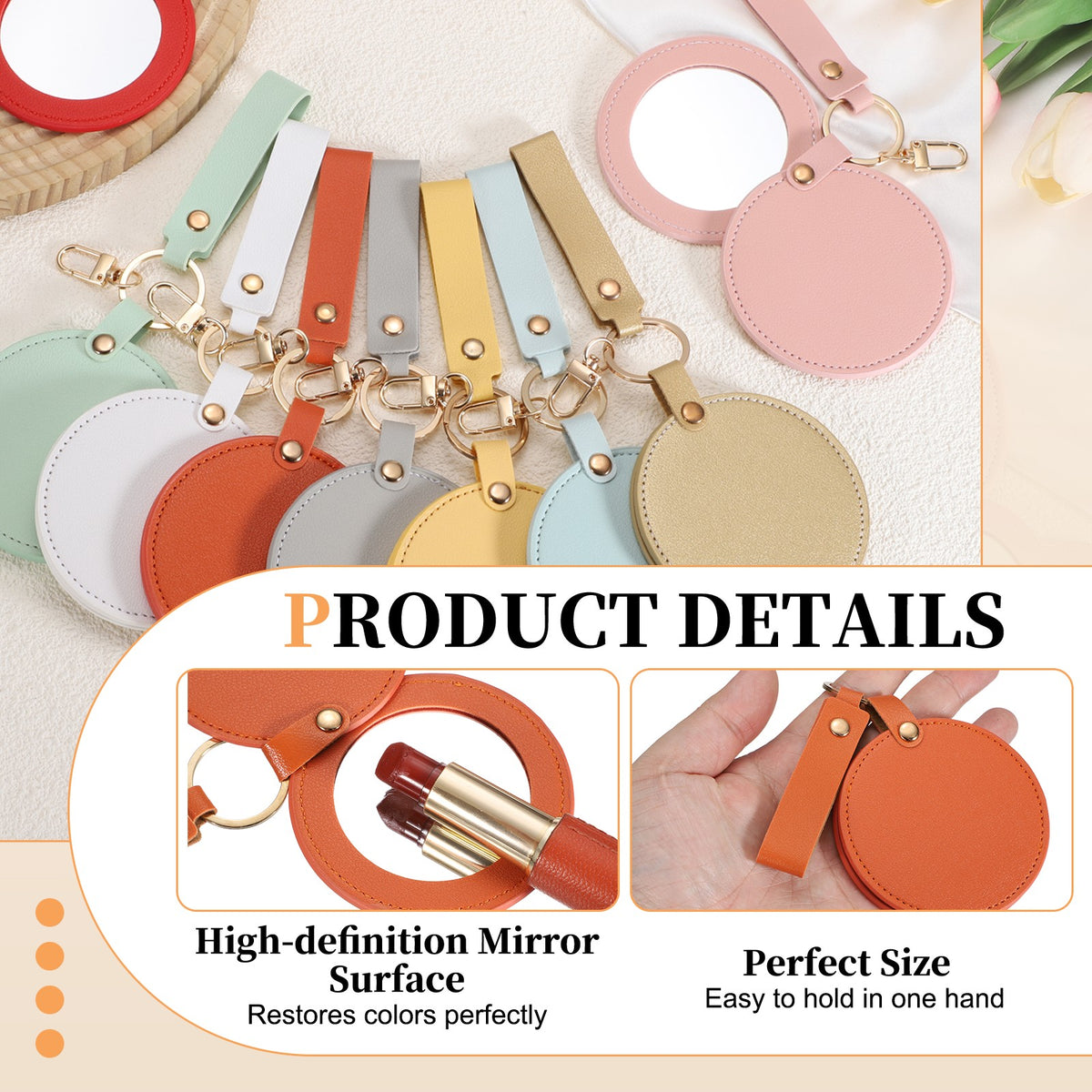 Keychain Mirror Compact with Leather Cover - Portable Round Makeup Mirror Orange Red