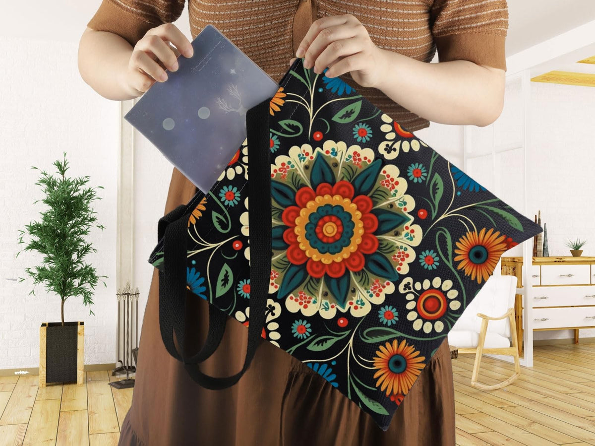 Polish Folk Art Tote Bag with Flowers - Reusable Handbag for Grocery & Travel