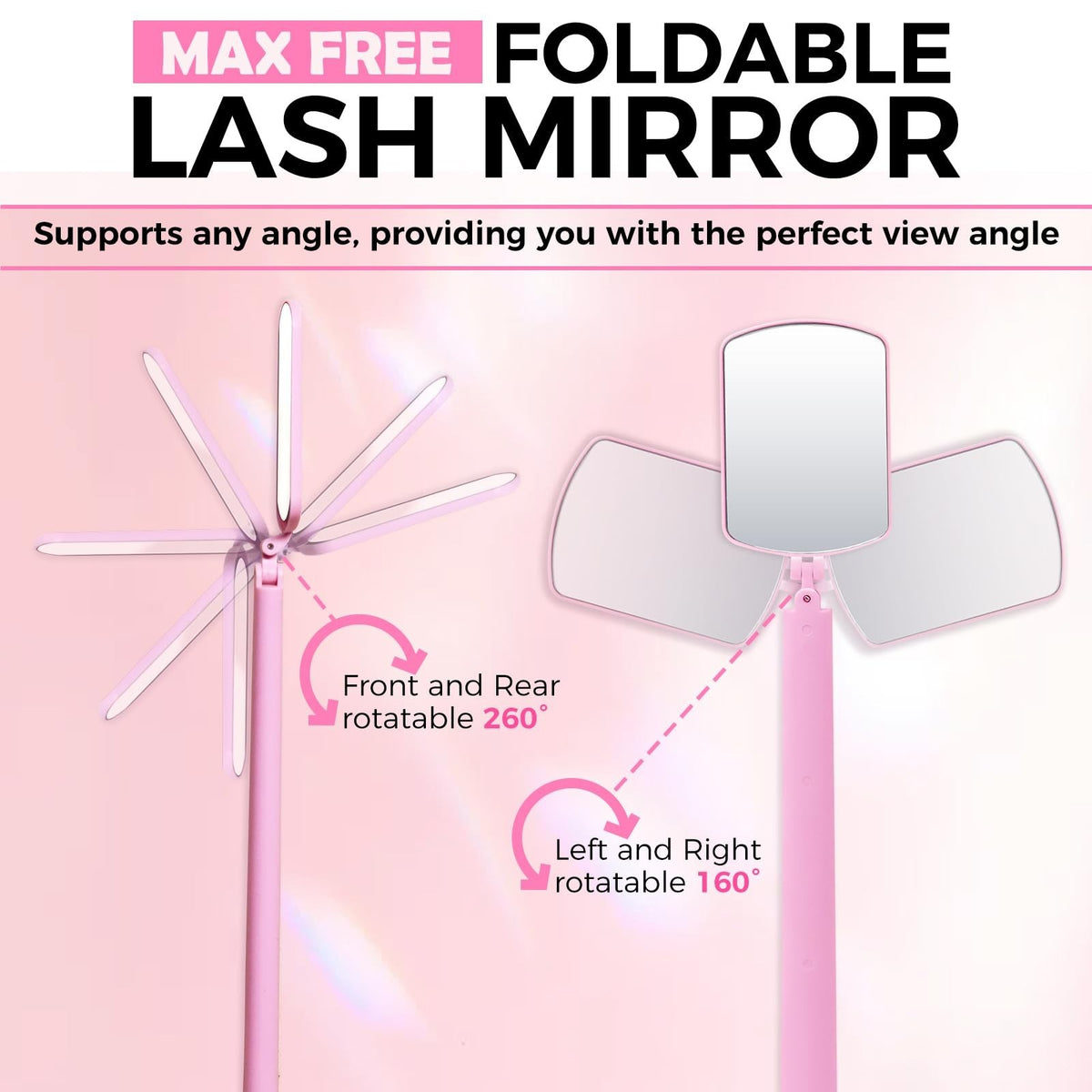 Large Folding Lash Mirror with 260° Rotation for Eyelash Extensions - Portable Pink Eyewear