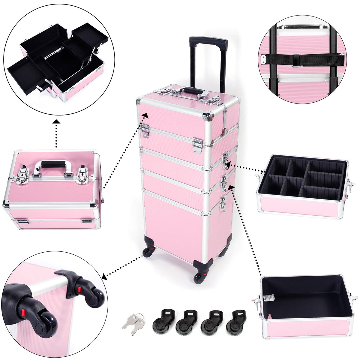 4 in 1 Aluminum Cosmetic Makeup Case with Wheels - Portable Tattoo Organizer