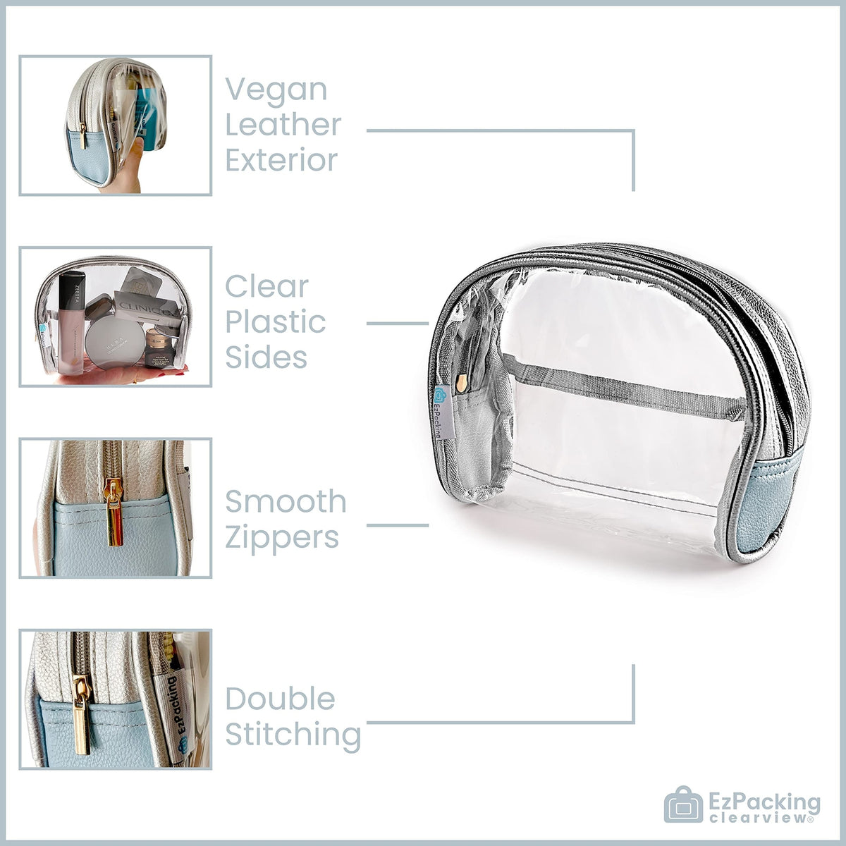 Clear Half Moon Cosmetic Pouch - Small Transparent TSA Travel Bag