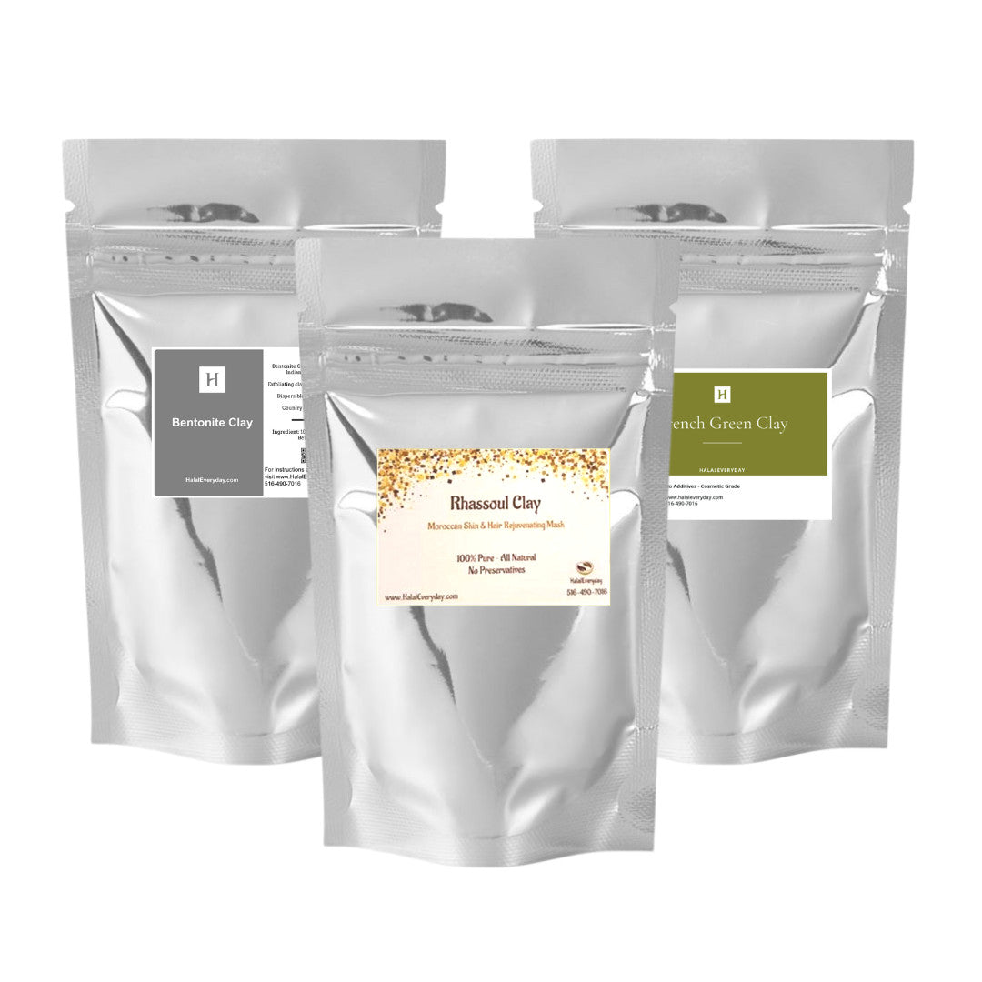 Natural Clay Set - Bentonite, Rhassoul & French Green Clay for Skin & Hair Care