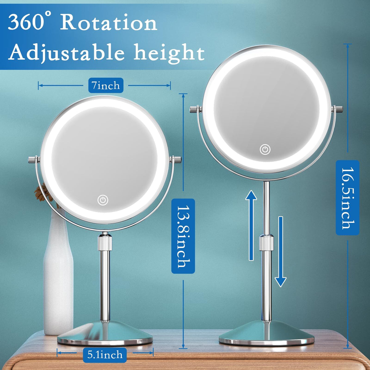 7-Inch Rechargeable Double Sided Lighted Vanity Mirror with 10X Magnification & Adjustable Height