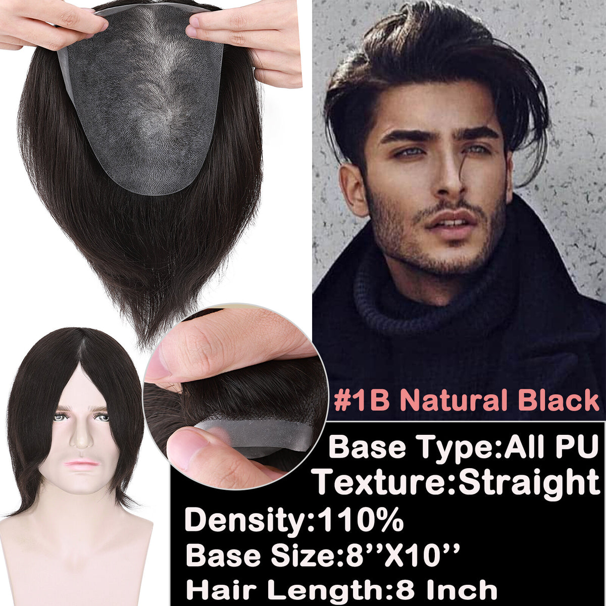 Men's Hair Replacement System Toupee with Skin-Like PU Base - Human Hair
