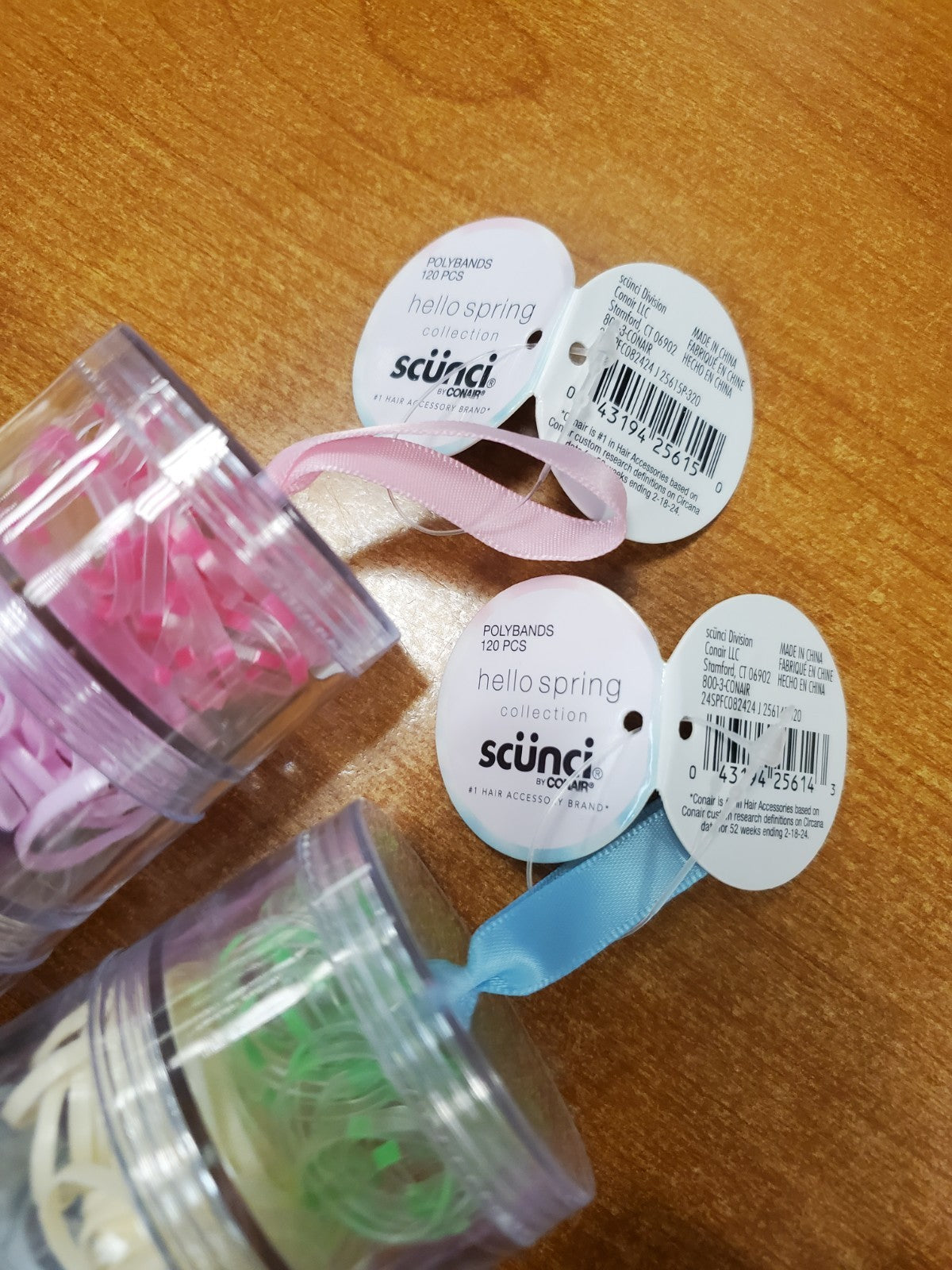 6 Tubes of 120: Scunci Poly Hair Bands Green/Blue & Pink/Brown