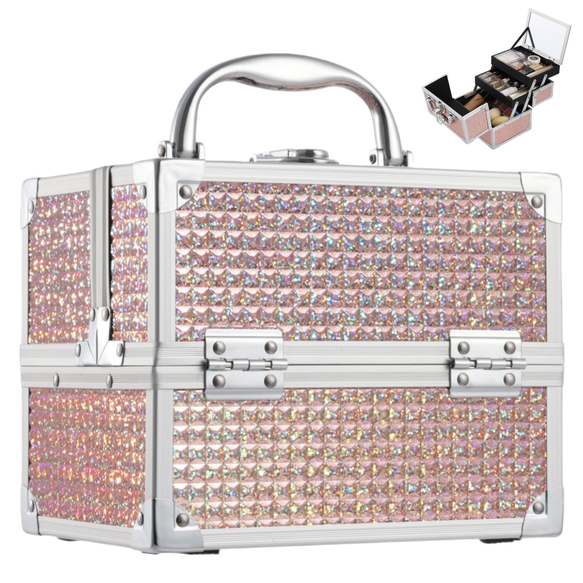 Cosmetic Makeup Box Organizer Case with Mirror, Glitter Pink 7.7 x 6.3 x 5.9 in