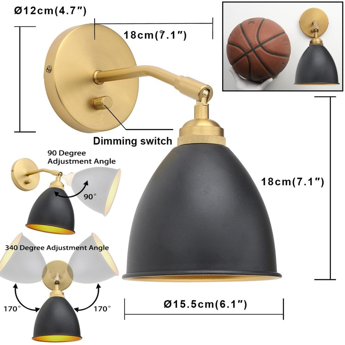 Vintage Wall Sconce Bookcase Light with Dimmable LED, Black Metal Shade