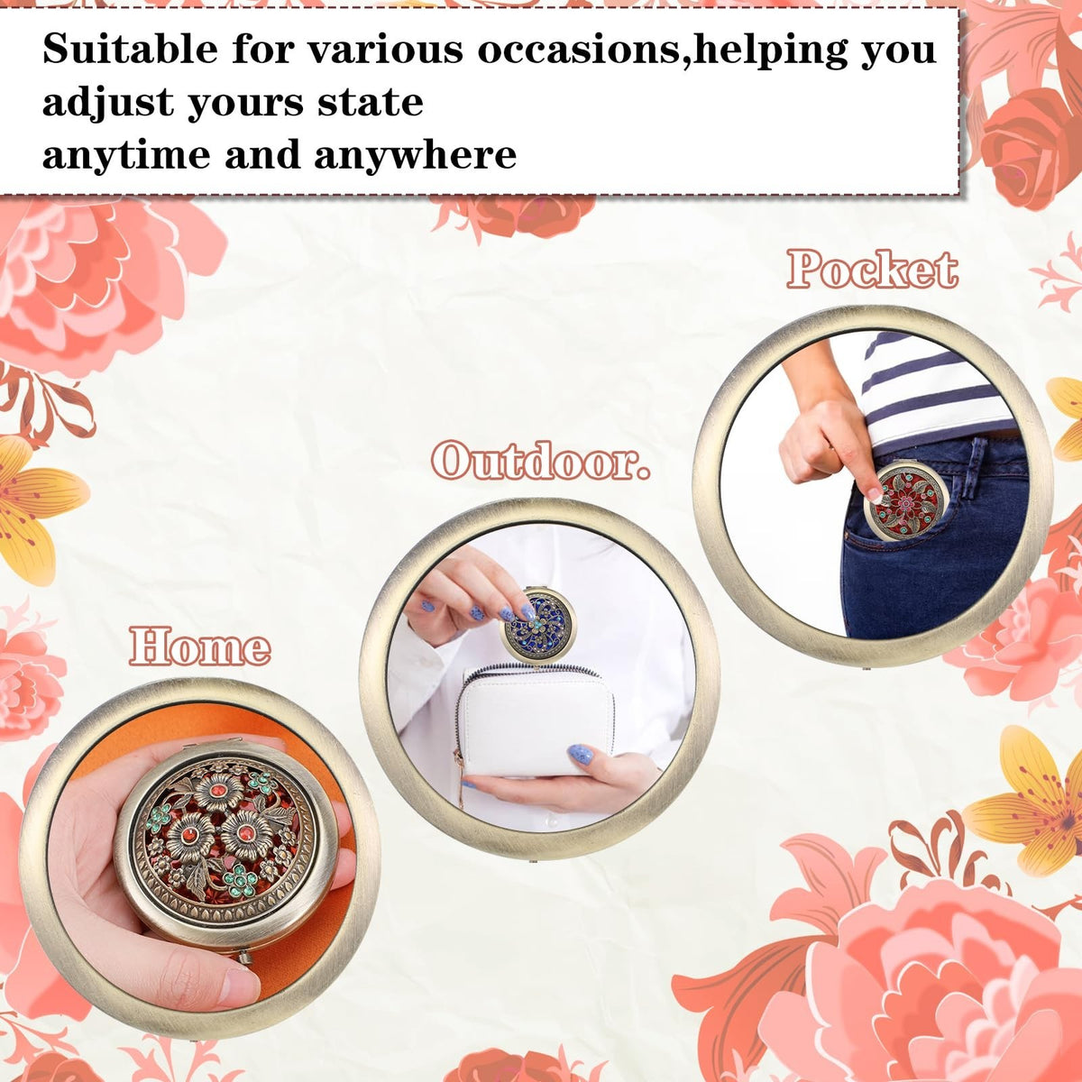 6 Pack Vintage Foldable Metal Travel Makeup Mirrors - Double Sided Compact