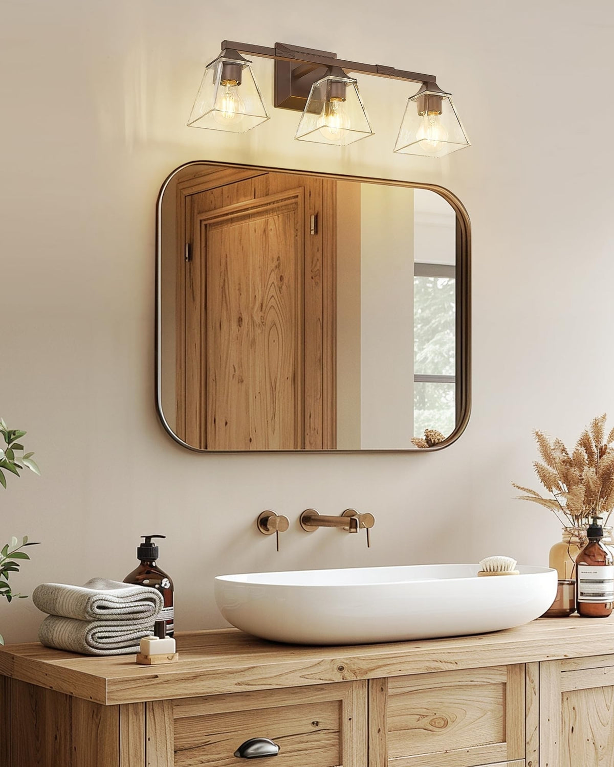 Farmhouse Bathroom Light Fixtures - 3-Light Vanity Wall Sconce with Glass Shades