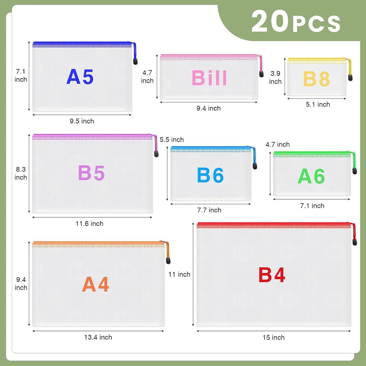 Mesh Zipper Pouch Bags Set - 8 Sizes, Multicolor Plastic Storage Bags