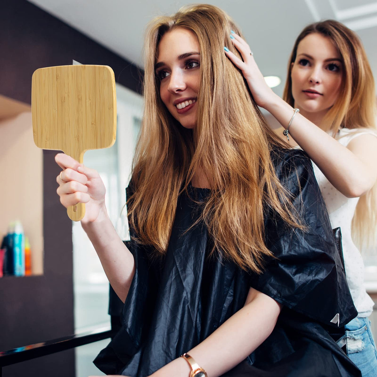 Natural Bamboo Hand Mirror with Handle - Portable & Large Viewing Area