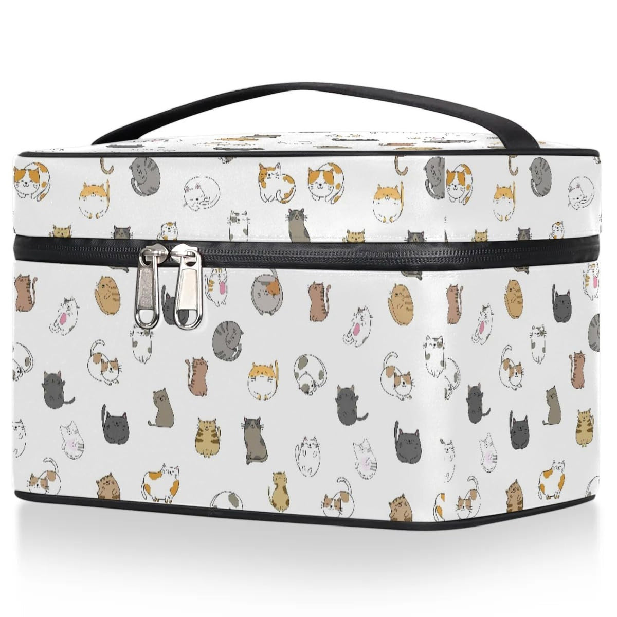 Large Travel Makeup Bag for Women, Waterproof Organizer with Multiple Compartments, White Cute Cat Design