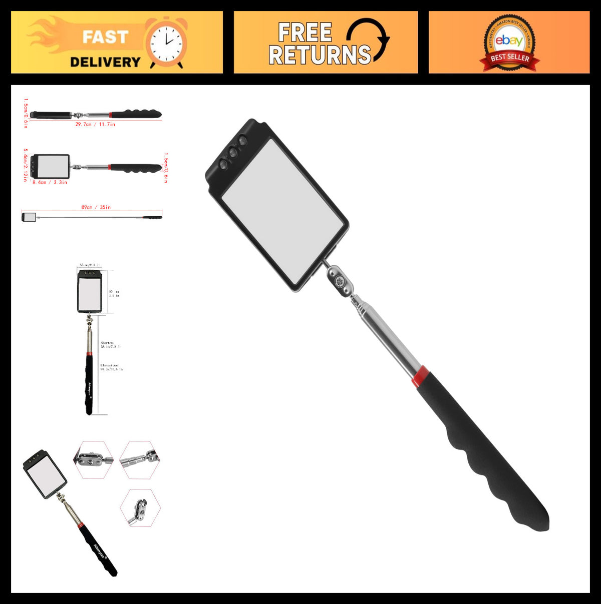 Telescopic Inspection Mirror with LED Light 360° Rotating Automotive Tool