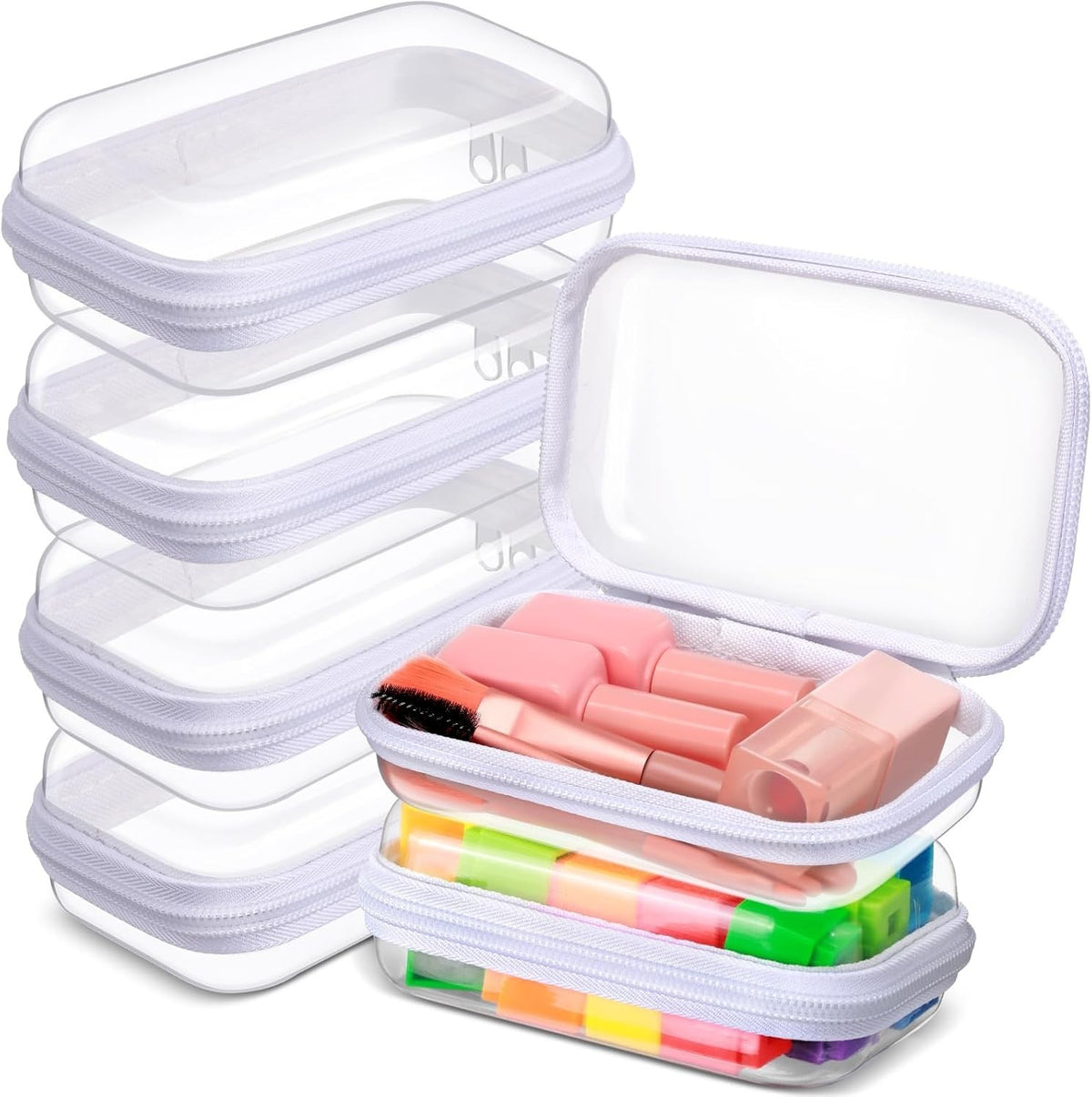 6 Pack Clear Hard Zipper Pencil Cases - Plastic Organizer Pouches
