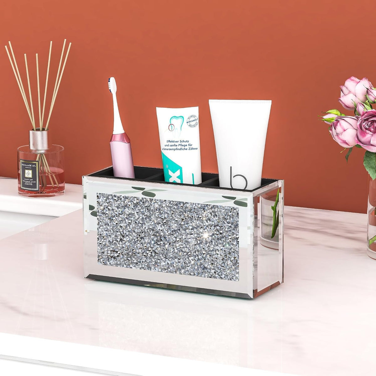 Mirrored Makeup Brush Holder Organizer with Crushed Diamond - 3 Slots