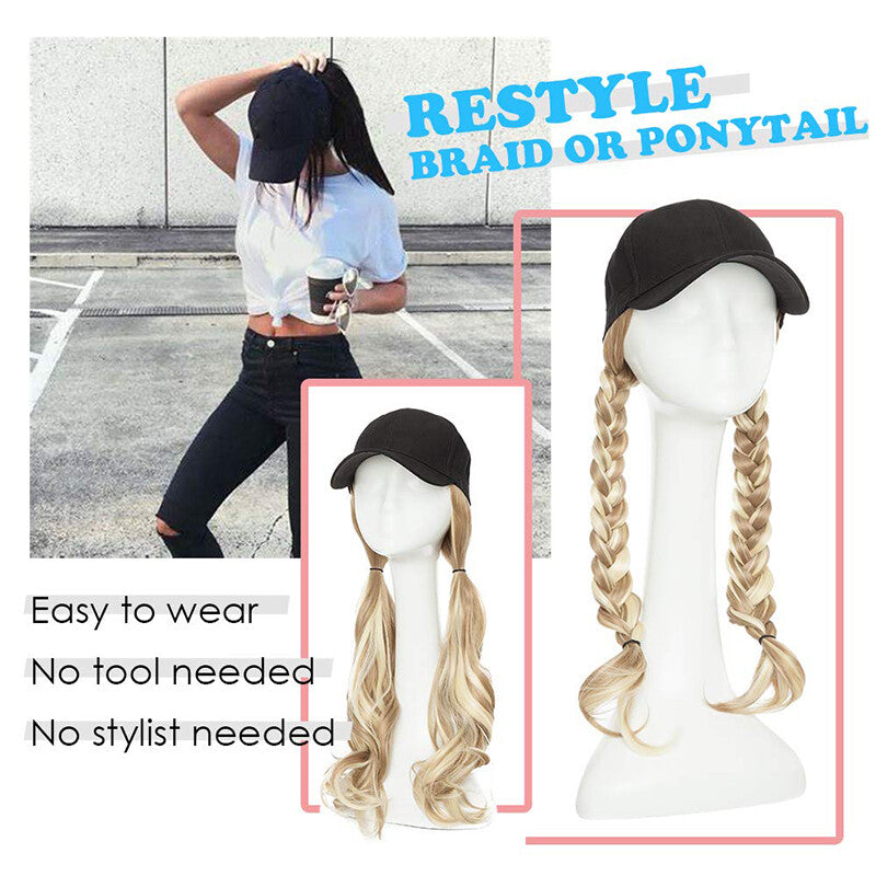 Baseball Cap with Synthetic Hair Extensions - Straight, Curly, Wavy Fits Most