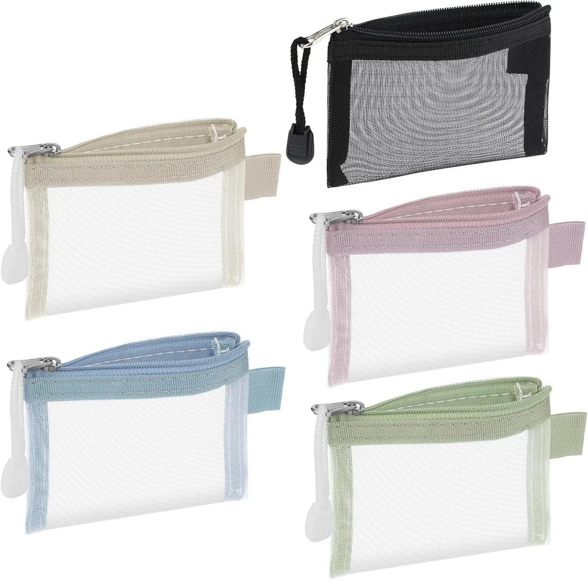 Mini Zipper Mesh Bags 5 Pack - Portable Nylon Makeup & Travel Organizer