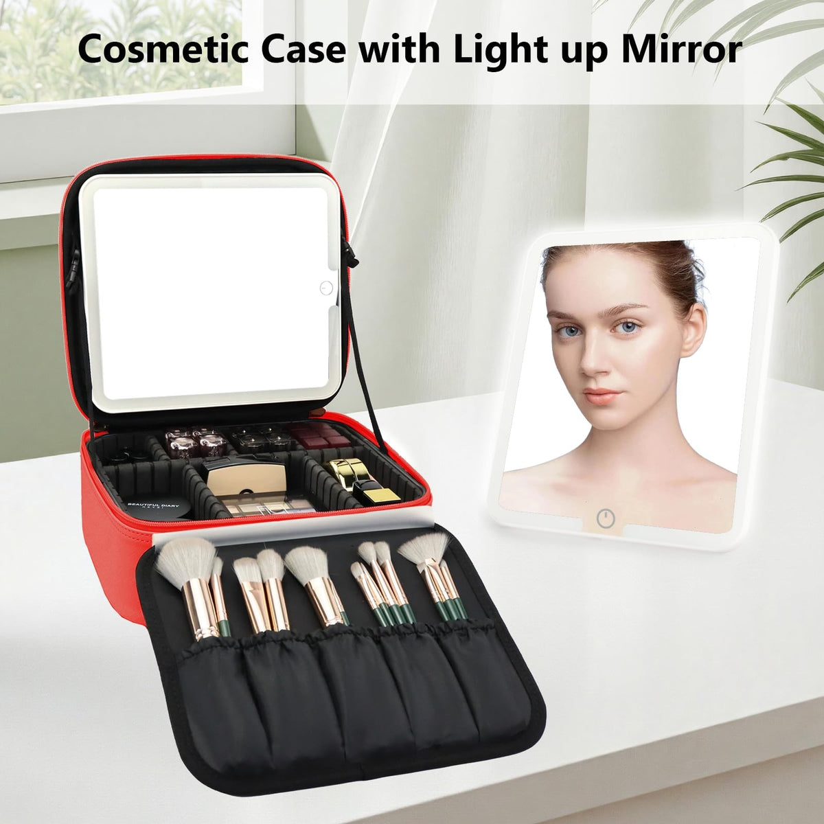 Travel Makeup Bag with LED Mirror, Adjustable Dividers & Pink Finish