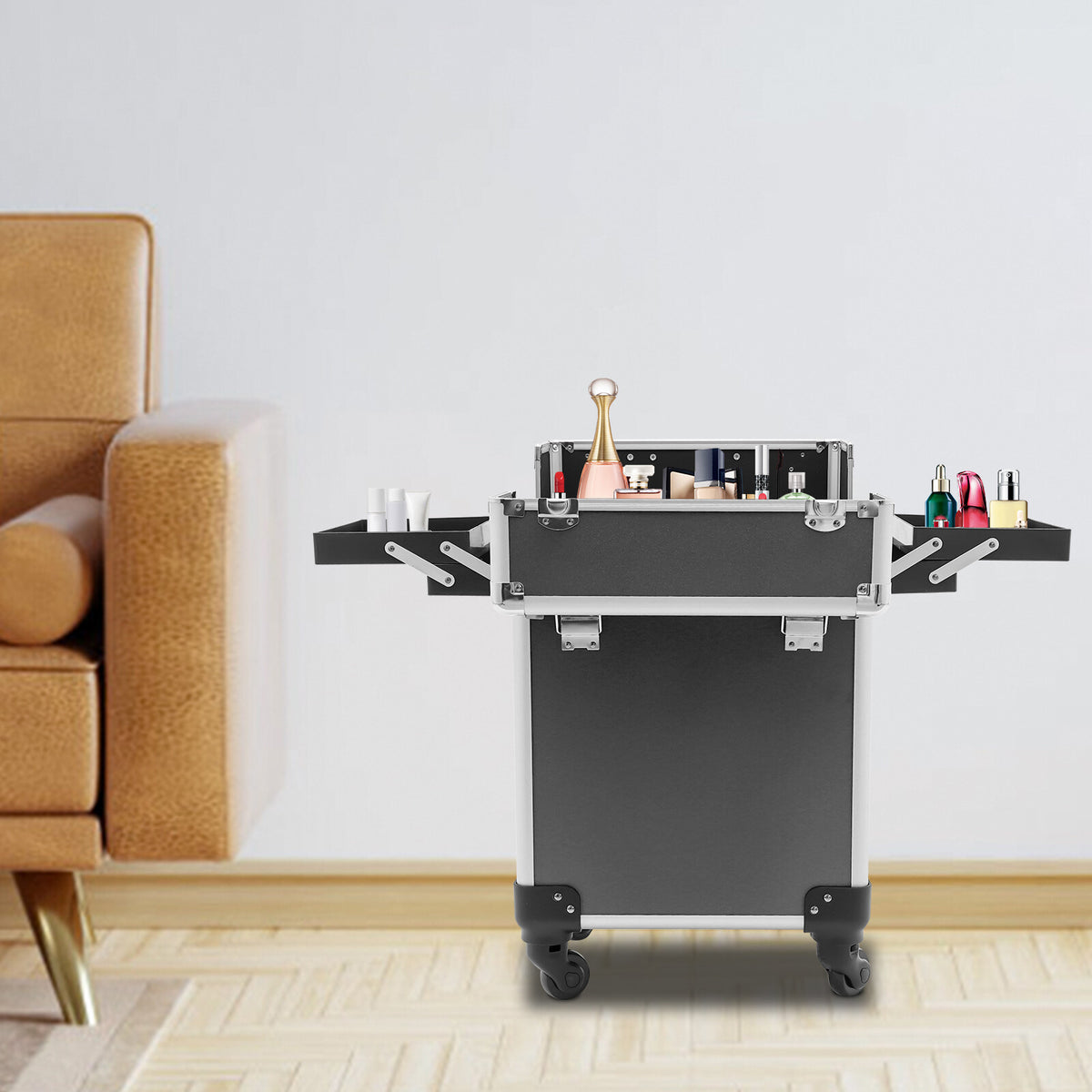 Rolling Makeup Train Case Cosmetic Trolley with Wheels Black