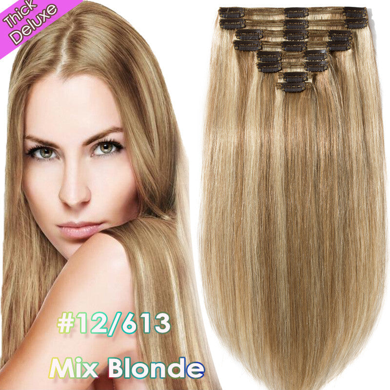 Double Weft Clip-In Hair Extensions 100% Remy Human Hair Thick Full Head