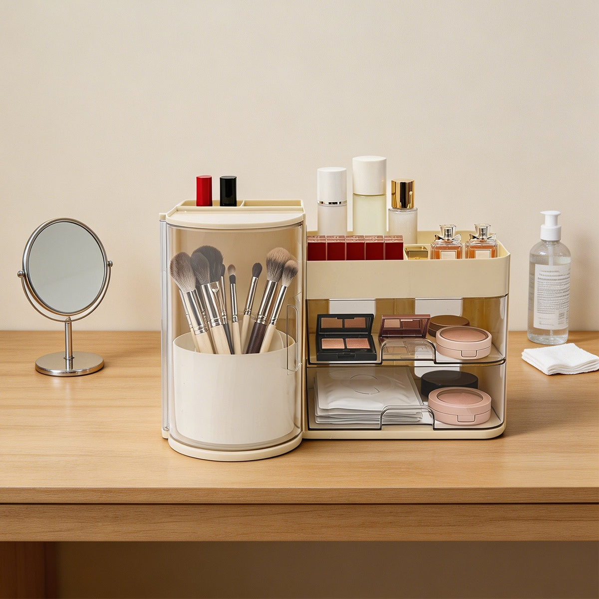 Rotating Makeup Brush Holder with Drawers - Milky White Vanity Organizer