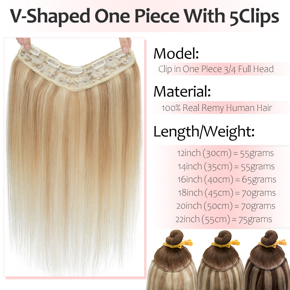 Clip-In Human Hair Extensions V-Shape Half Head - Remy Straight Hair