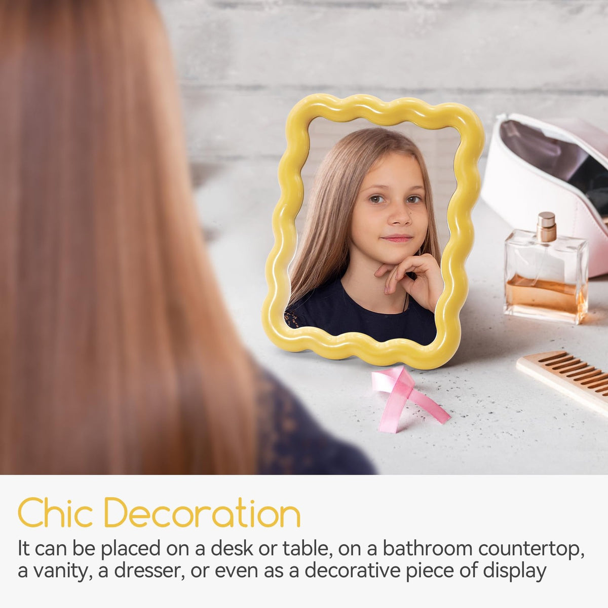 Cute Wave-Shaped Desktop Makeup Mirror - Travel Folding Vanity, Yellow