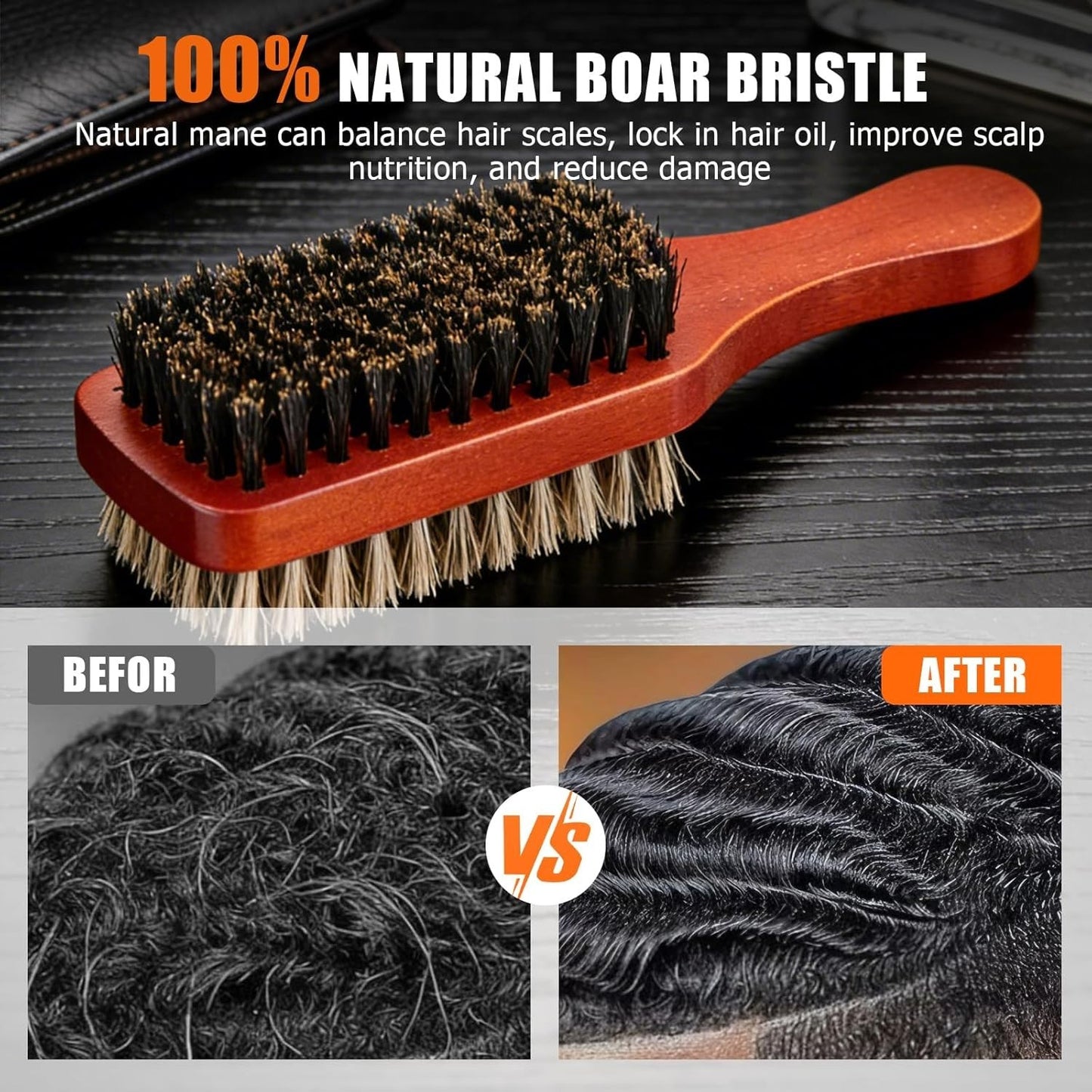 2-Sided Boar Bristle Hair Brush for Thick Hair, Natural & Durable