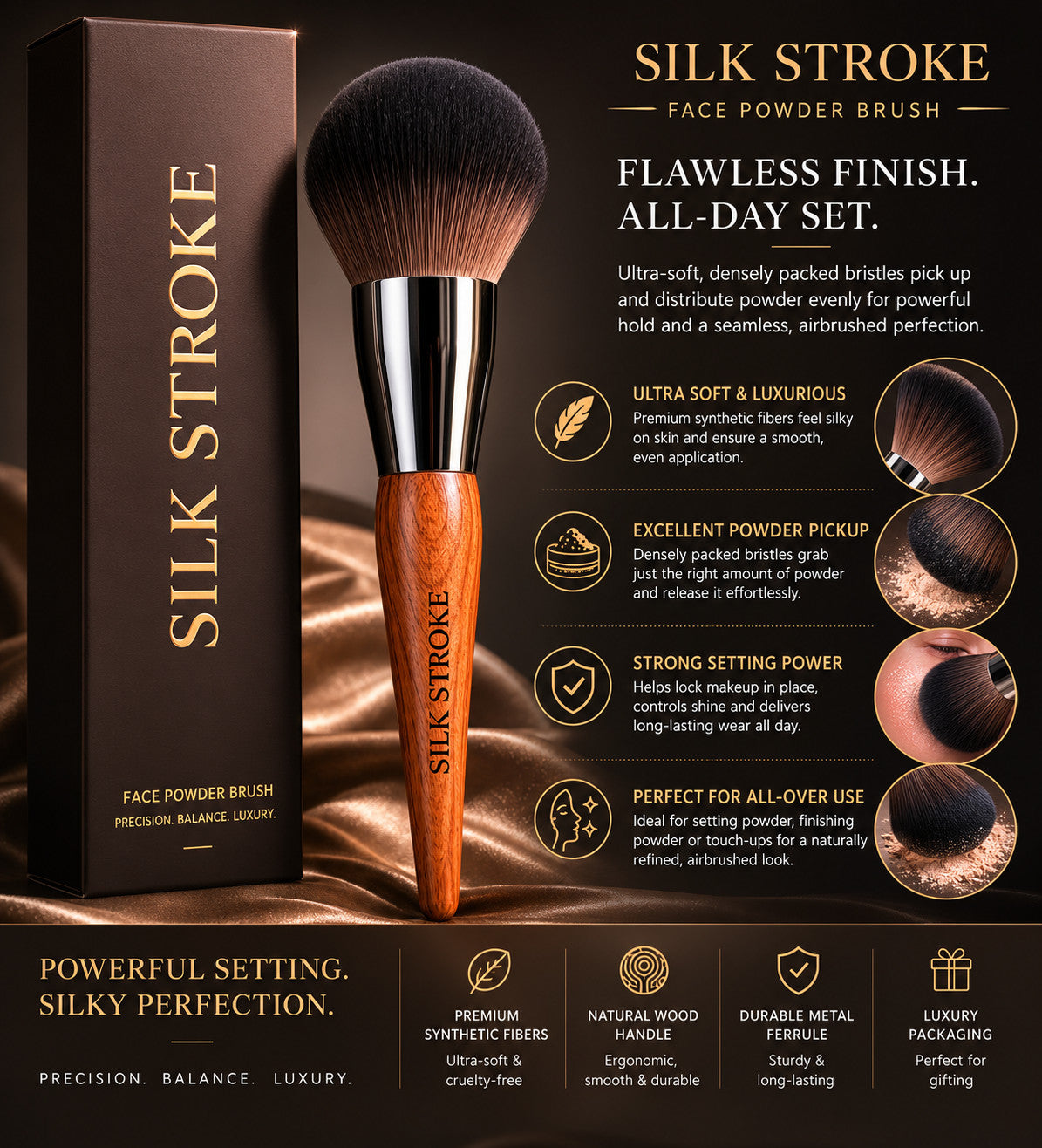 Luxury Face Powder Brush - Ultra Soft Dense Makeup Brush for Setting & Blending
