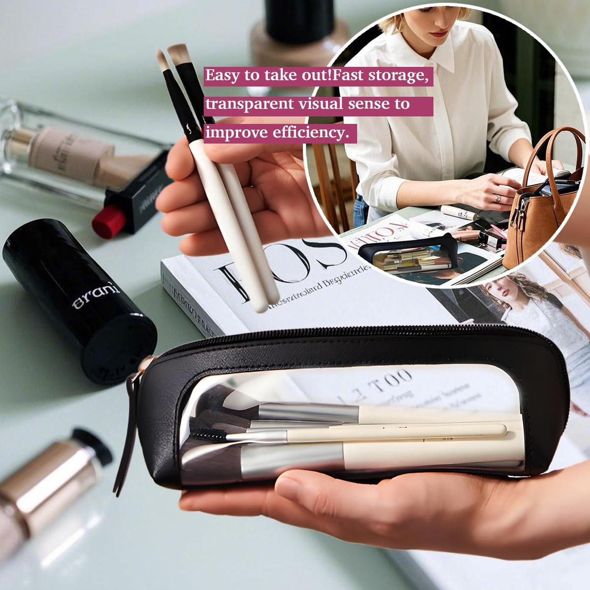 Clear Makeup Brush Bag Case Leather Travel Organizer with Zipper - Black