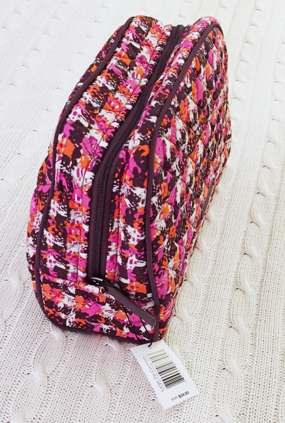 Large Zip Cosmetic Bag for Travel and Organization - Houndstooth Tweed Pattern