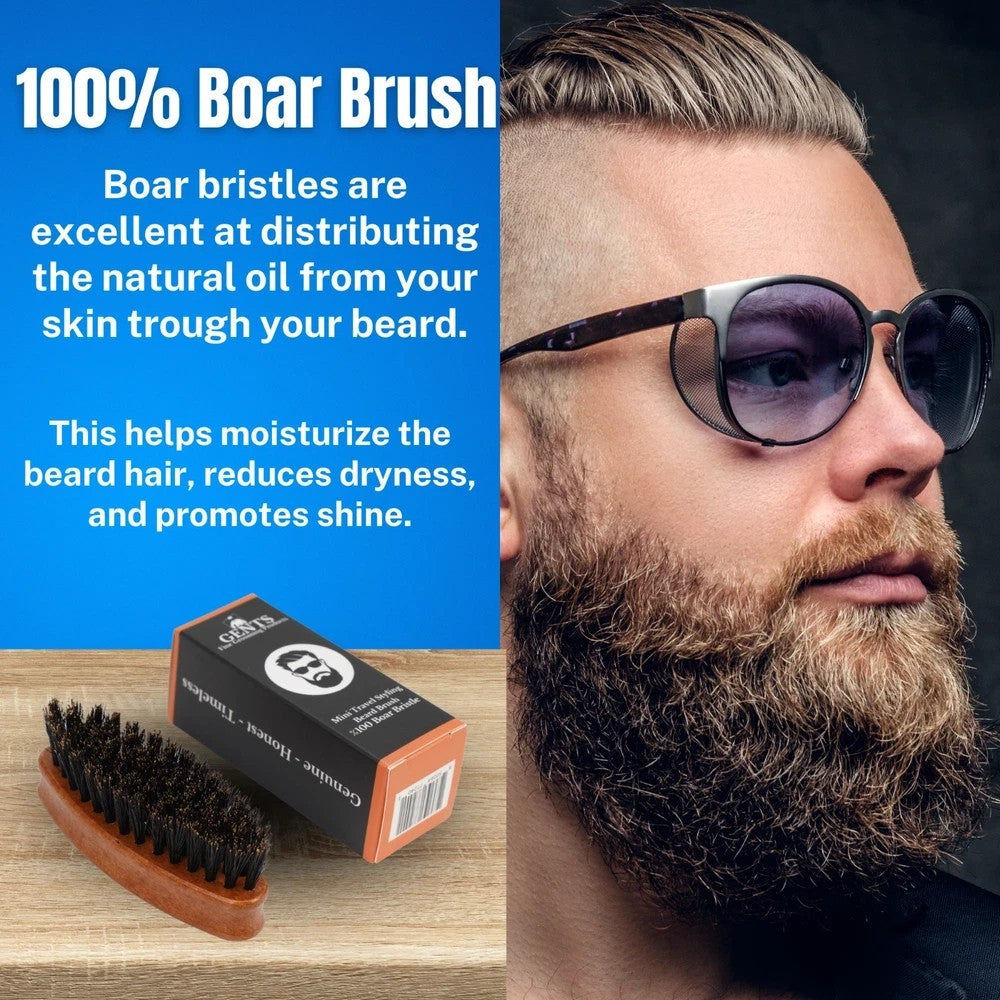 Travel Size Beard Brush with Natural Boar Bristles - Compact Grooming Tool