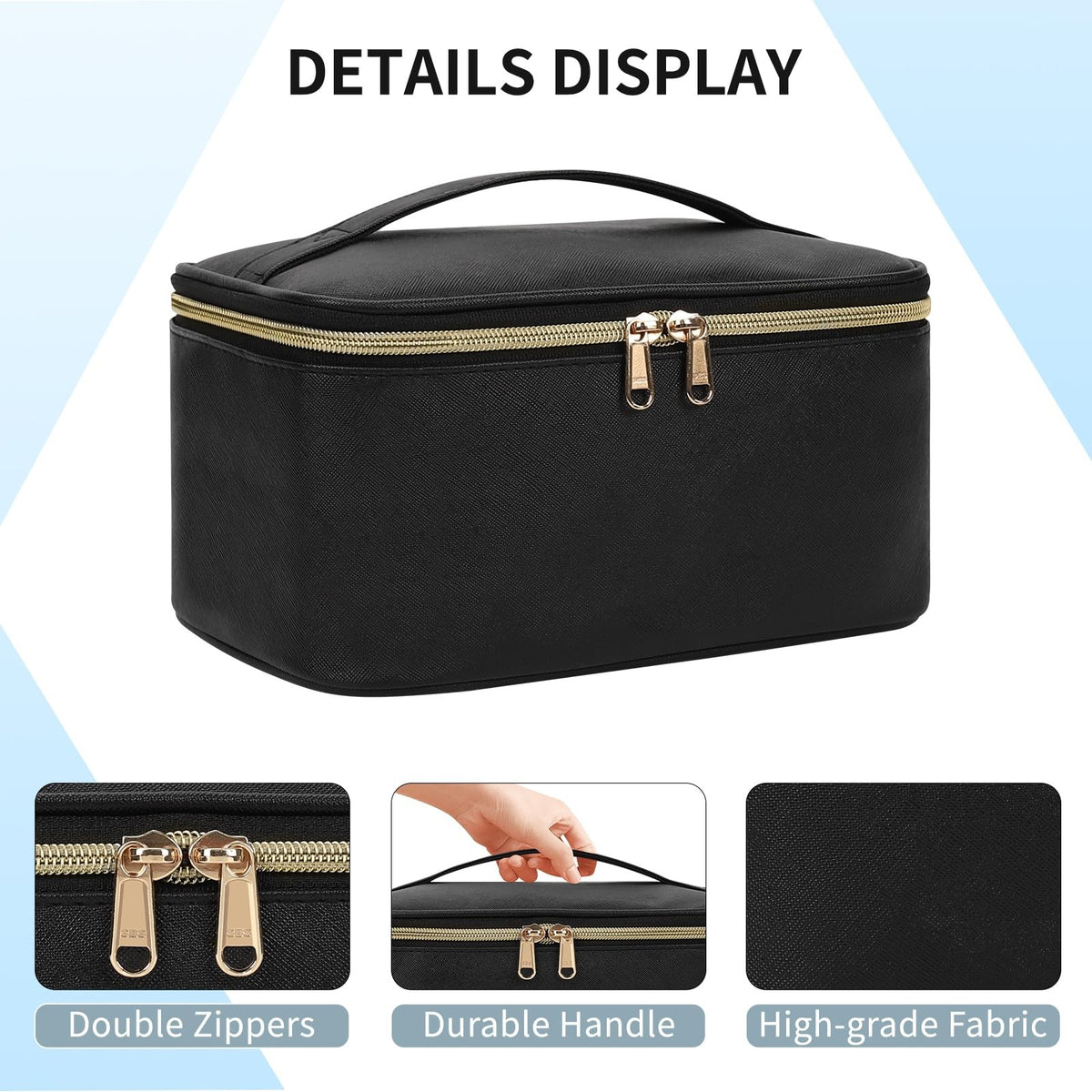 Portable Black Makeup Bag with Brush Partition & Waterproof Vegan Leather